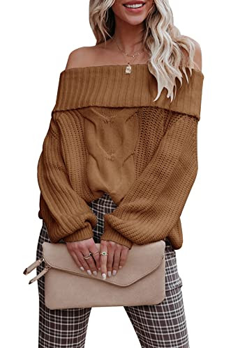ANCAPELION Women's Off Shoulder Sweater Long Sleeve Casual Pullover Sweater Cable Knitted Jumper Tops Brown XX-Large | Amazon (US)
