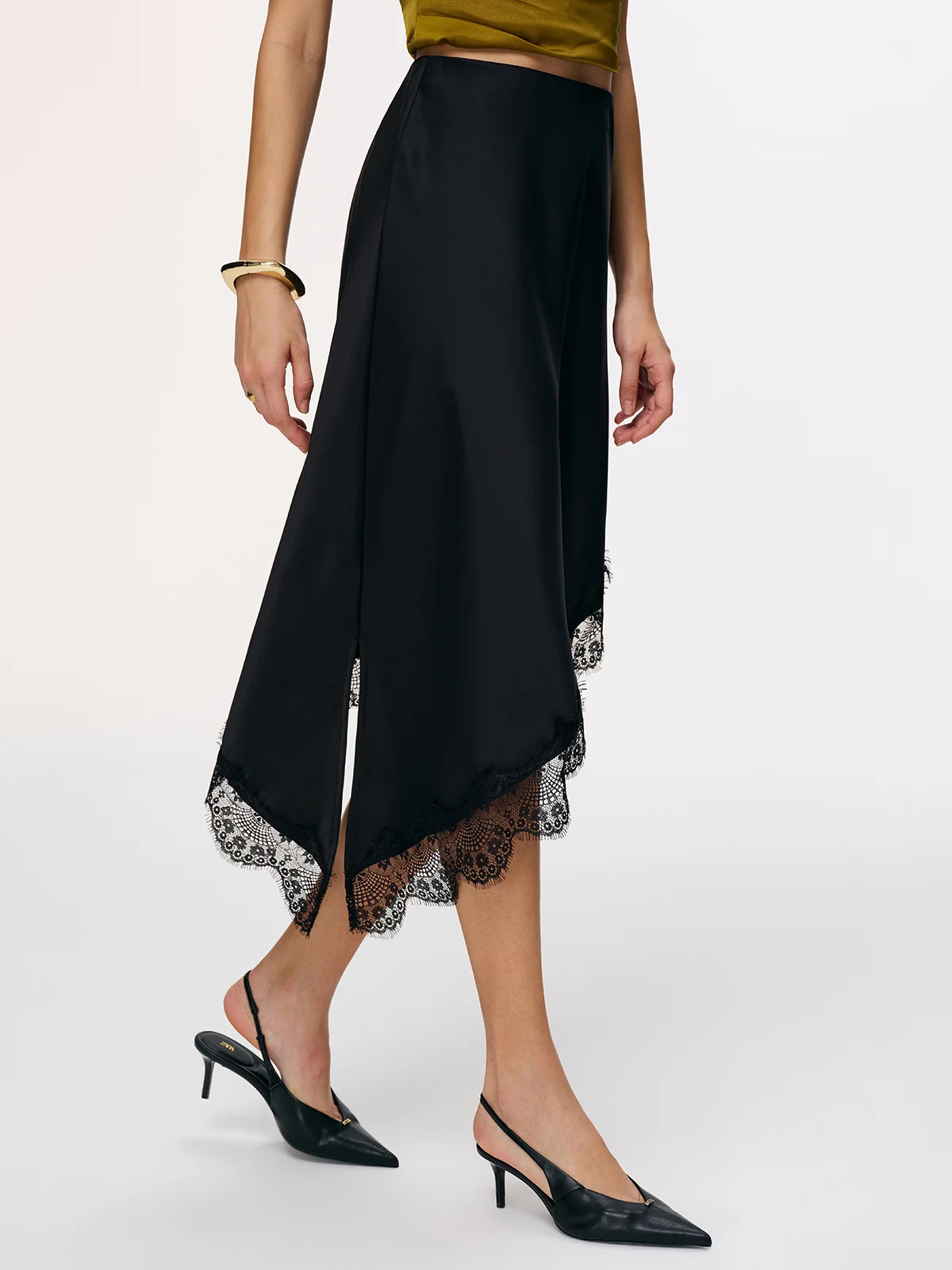 Satin Asymmetric Lace-Trim Midi Skirt | Commense