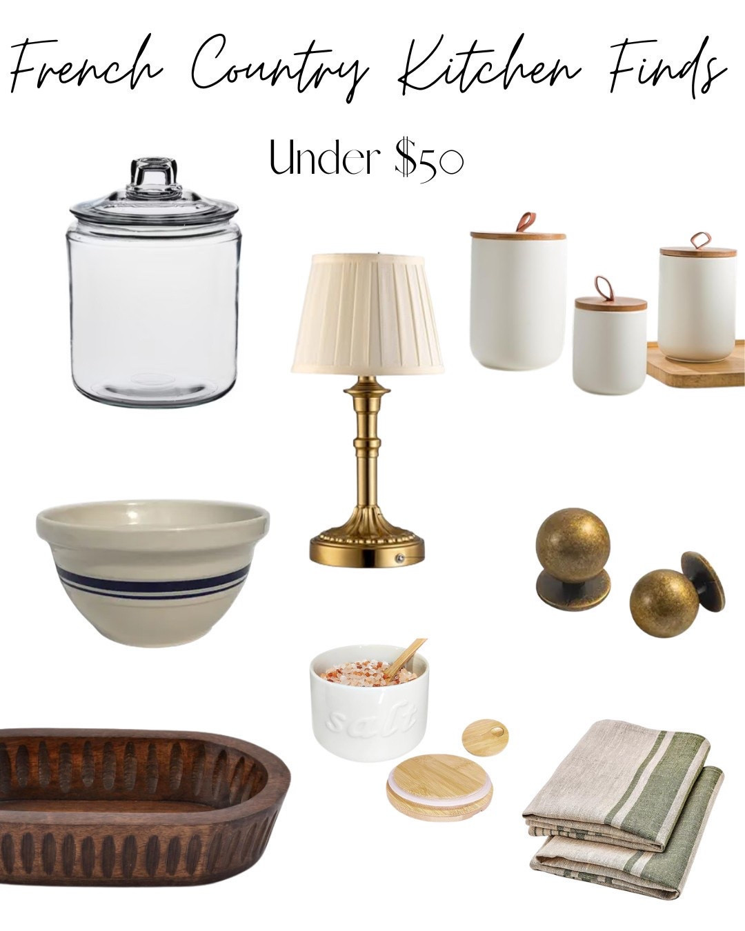 French Country Kitchen Finds Under $50 

Creating a warm, timeless kitchen doesn’t have to come with a luxury price tag. These French country-inspired finds bring charm, texture, and classic style to your space—from beautiful storage jars and striped linens to vintage-inspired lighting and hardware. The best part? Every piece is under $50!

I’m collecting ideas like these for our upcoming kitchen renovation, and I could definitely see a few of these making it into our new space. 

#LTKHome #FrenchCountry #FrenchCountryKitchen #KitchenDecor #KitchenInspiration #EuropeanStyle #OldWorldStyle #CottageStyle #HomeDecorFinds #KitchenAccessories #BudgetDecor #AmazonHome #TimelessHome #ClassicDecor #HomeStyle
