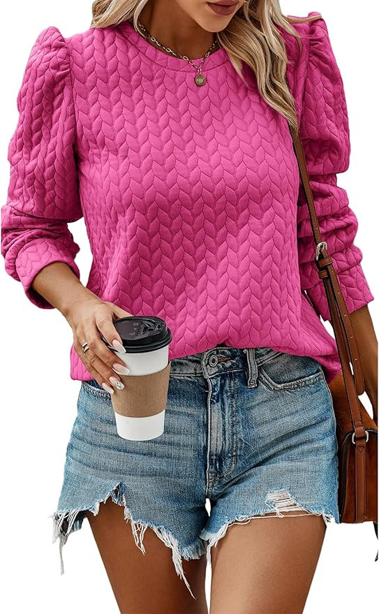 PRETTYGARDEN Women's Puff Long Sleeve Sweatshirts Crewneck Twist Texture Loose Tunic 2023 Pullove... | Amazon (US)