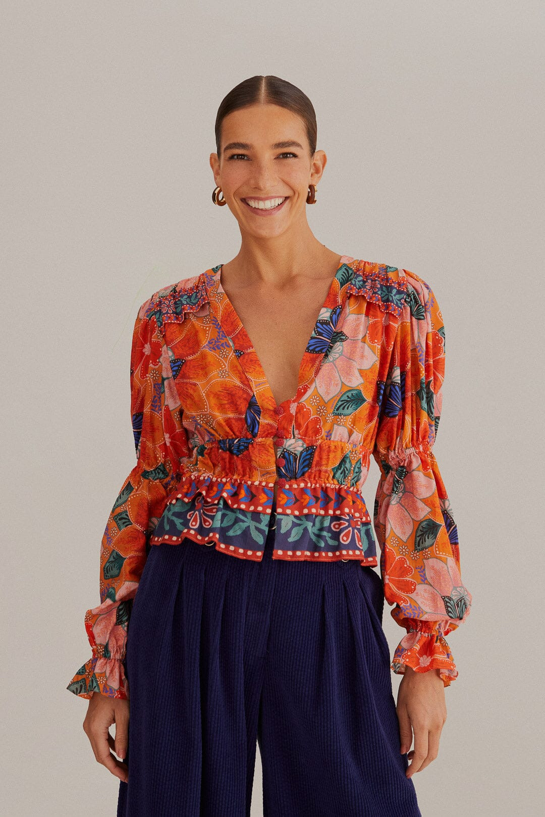 Orange Marias Floral Long Sleeve Blouse | FarmRio (US)
