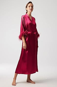 PRODESIGN Satin Kimono Robe Long Silky Bath Robe with Ostrich Feather Trim Sleepwear Wedding Brid... | Amazon (US)