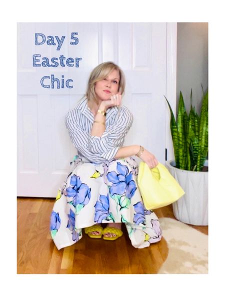 Easter Outfit Idea 🐣 
Button down - size down 1 size - 
Skirt-  true to size - 
Pearl sandals - true to size 
Handbag- always fits 😉

#LTKSpringSale #LTKshoecrush #LTKstyletip