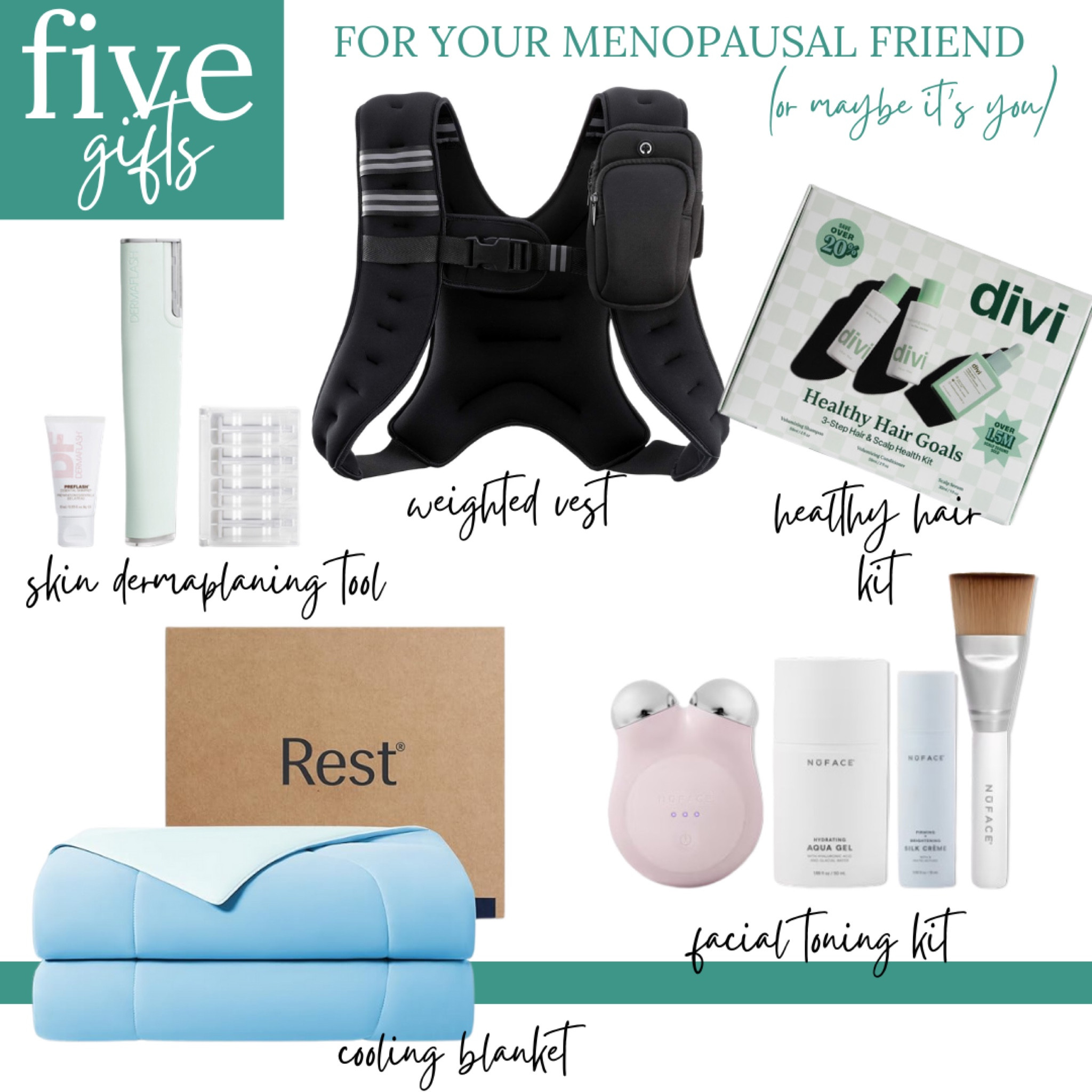 5️⃣ gifts for your menopausal friend 😊

Middle age, cooling blanket, weighted walking vest, hair repair kit, dermaplaning tool, facial toner gift set

#LTKCyberWeek #LTKGiftGuide #LTKHoliday