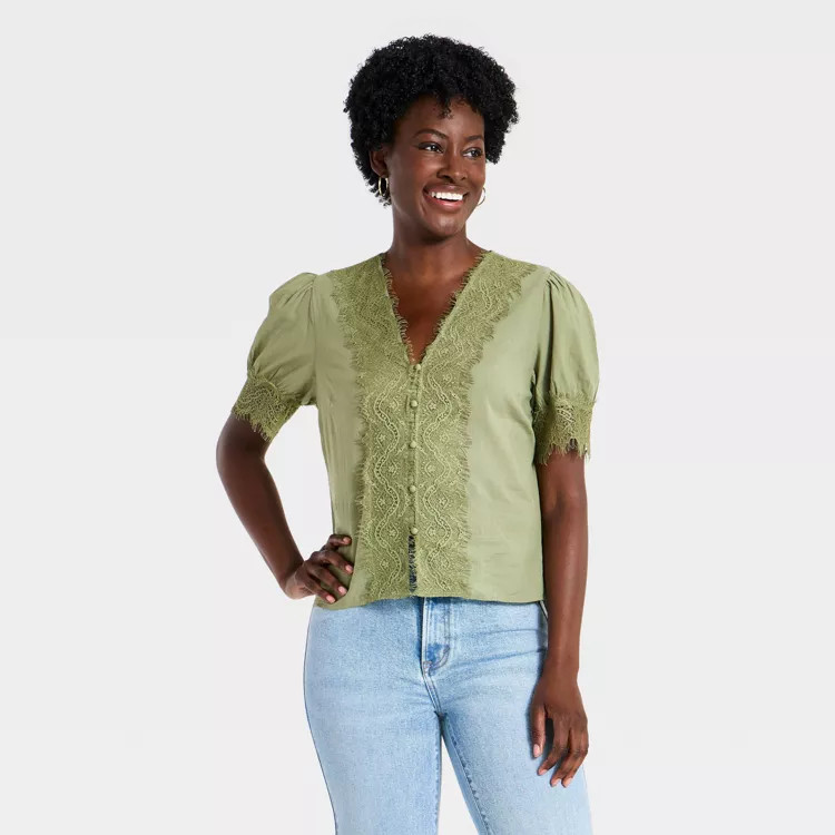 Women's Balloon Short Sleeve Lace V-Neck Blouse - Universal Thread™ Olive Green M | Target