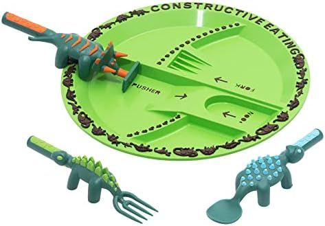 Amazon.com: Constructive Eating Made in USA Dinosaur Combo with Utensil Set and Plate for Toddler... | Amazon (US)