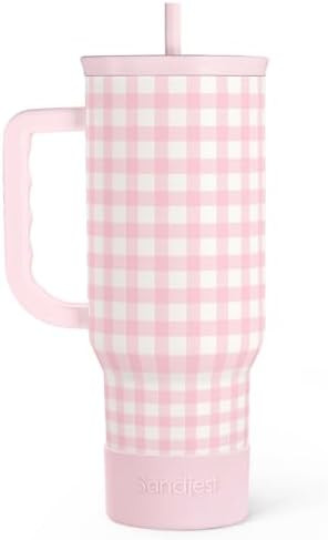 SANDJEST Pink Gingham 40oz Slider Tumbler with Handle and Straw - Insulated Stainless Steel Trave... | Amazon (US)