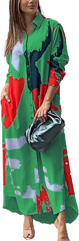 DMOYALA Color Block Shirt Dress for Women 2024 Casual Long Sleeve Maxi Dress Button Down T Shirt ... | Amazon (US)