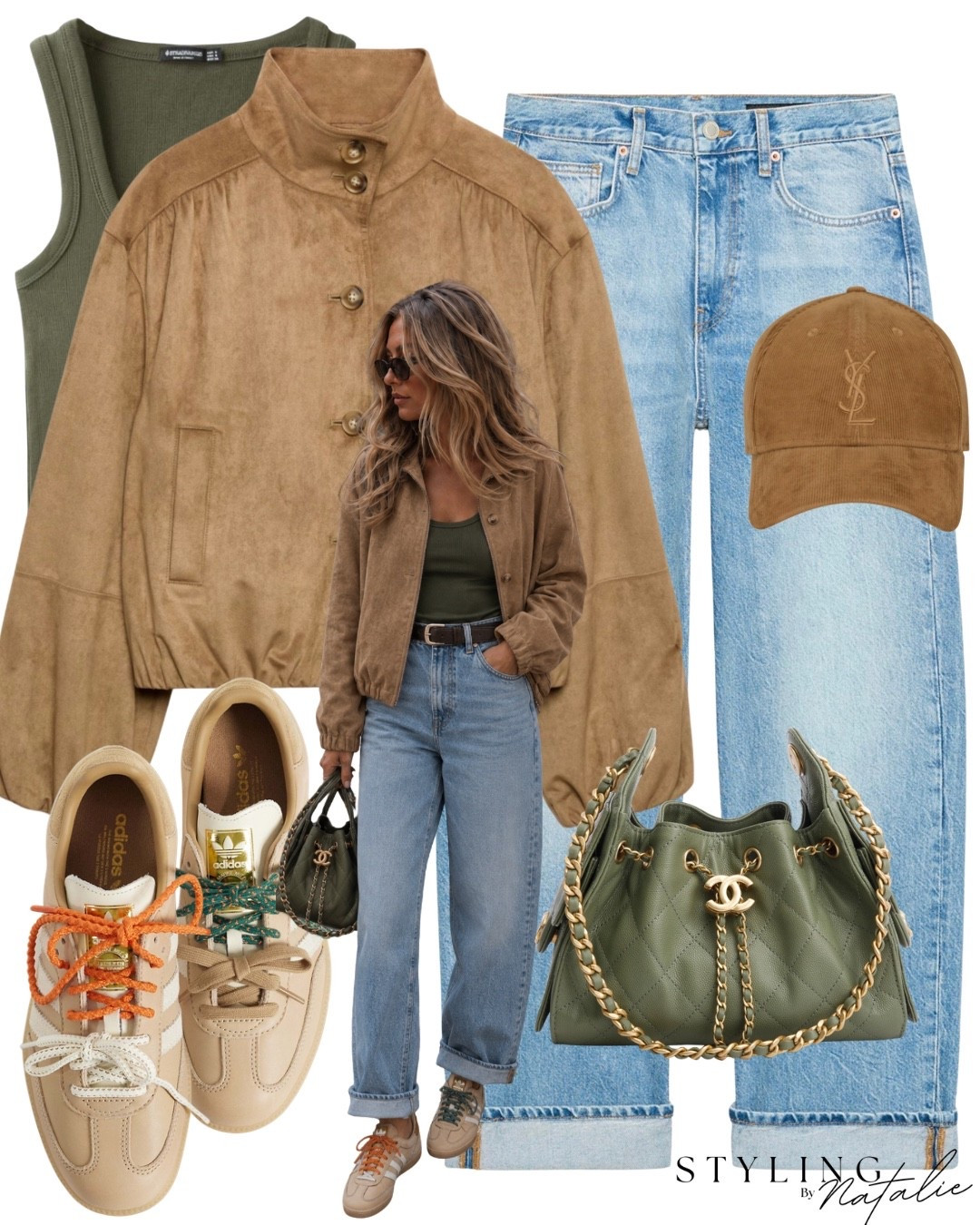 Suede jacket with funnel neck, barrel leg turn up hem jeans, camel corduroy YSL cap, double lace Adidas Samba and green tank top. *Chanel bag not linked.
Everyday casual, autumn, fall fashion, jackets, transitional, sneakers, hat, neutrals.

#LTKFashionMonth #LTKuk #LTKeurope
