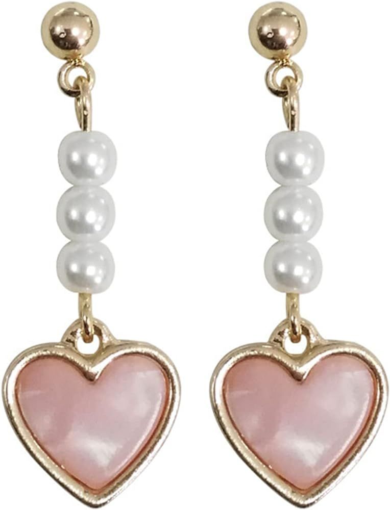 MALOYANVE Love Heart Long Tassel Dangle Earrings for Women Girls Sweet Dainty Cute Pearl 925 Silv... | Amazon (US)