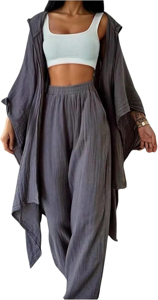 SOLY HUX Women's 2 Piece Outfit Hooded Kimono Flowy Cardigan High Waisted Pants Casual Suits | Amazon (US)