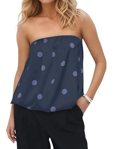 Ythomm Polka Dot Tube Tops Women Sleeveless Strapless Bubble Hem Bandeau Tops Elegant Dotted Backless Y2k Going Out Tops Navy | Amazon (US)