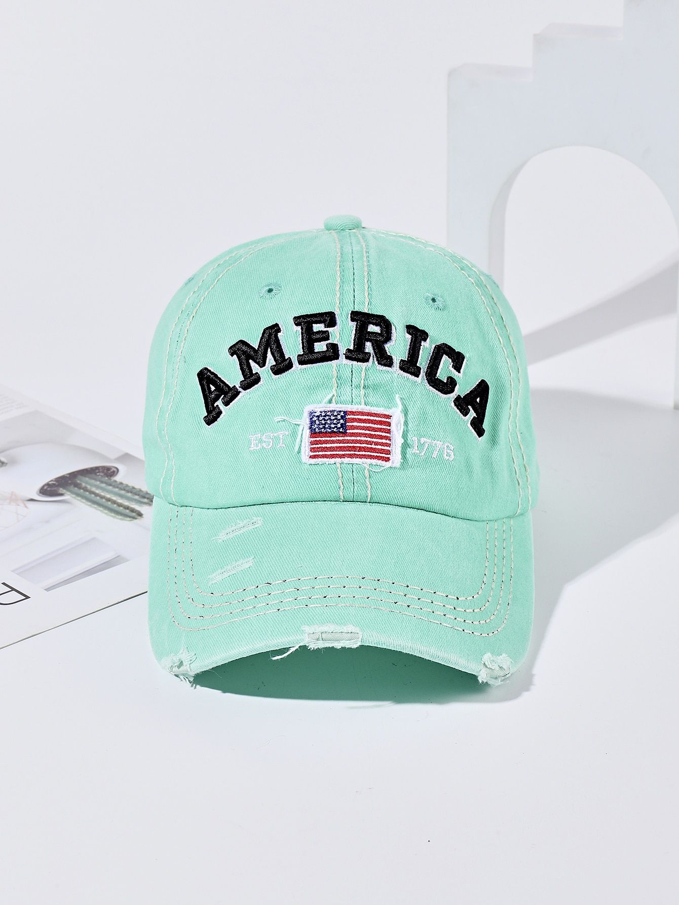 American Flag & Letter Embroidered Ripped Baseball Cap | SHEIN