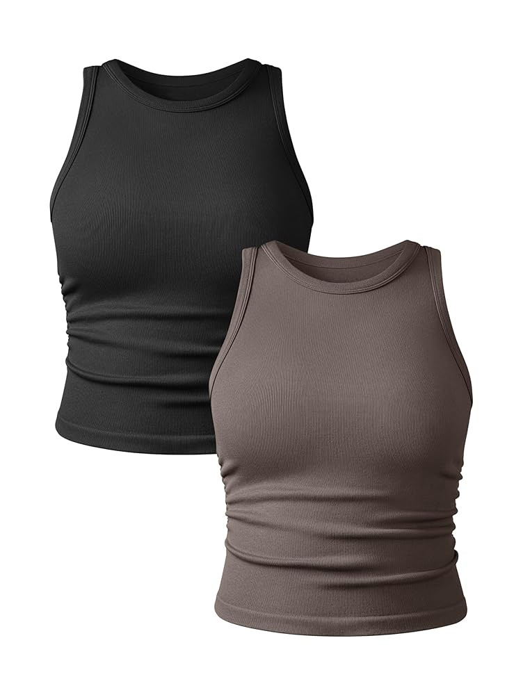 Women's 2 Pieces Basic Seamless Tank Tops Sleeveless Crew Neck Workout Exercise Crop Camis | Amazon (US)