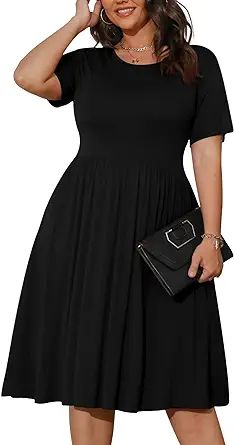 POSESHE Womens Plus Size Summer Dress 2023 Casual Short Sleeve Empire Waist Loose Fit Swing T-Shi... | Amazon (US)
