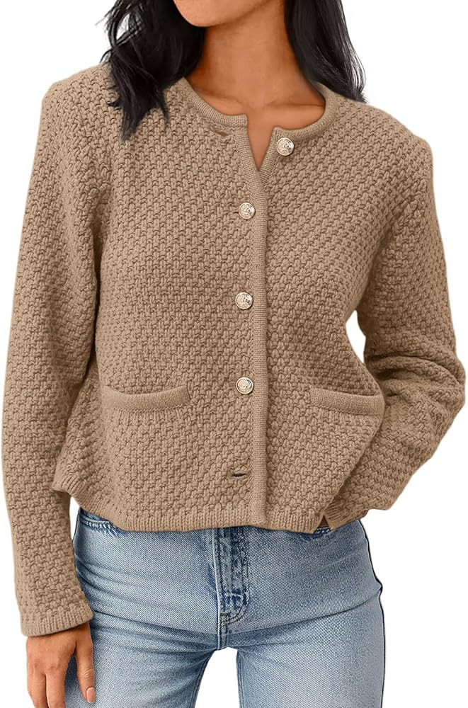 LILLUSORY Womens Crew Neck Buttons Cardigan Sweaters Dressy Casual Lightweight Jacket with Patch ... | Amazon (US)
