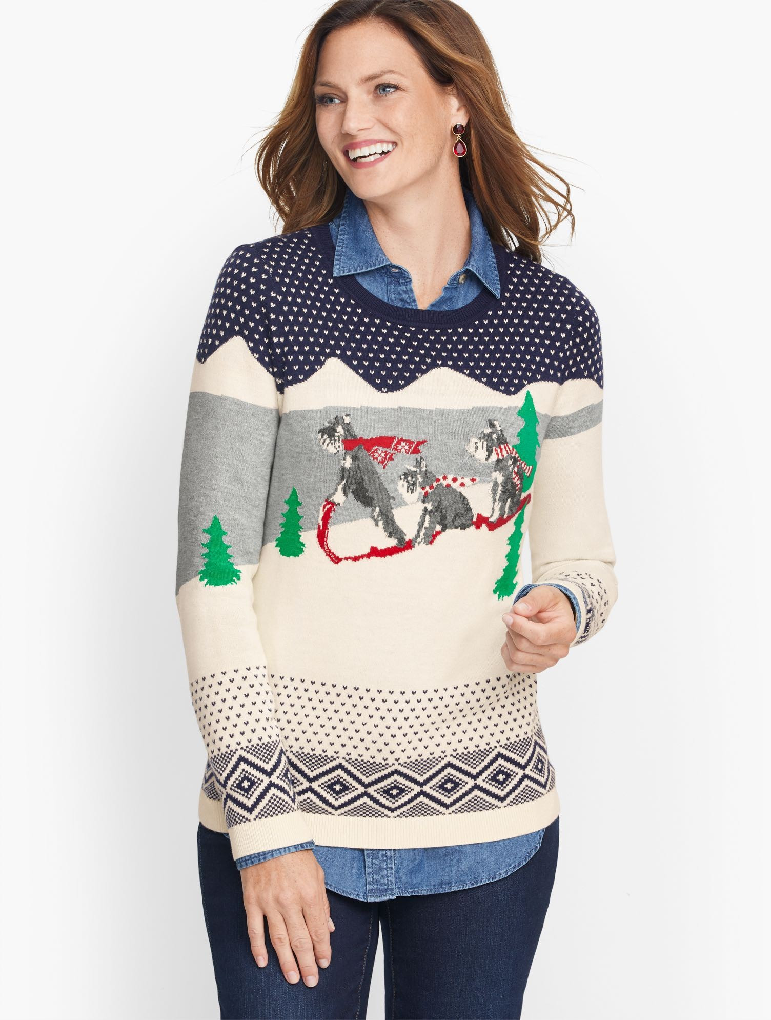 Super soft Sledding Dogs Sweater - Ivory/Indigo - XL Talbots | Talbots