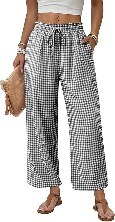 WIHOLL Wide Leg Pants Woman Flowy Palazzo Drawstring Elastic Waist Trousers with Pockets Casual L... | Amazon (US)