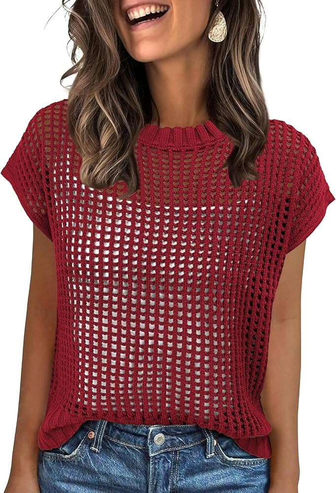 ANRABESS Women’s Tops 2026 Trendy Summer Shirts Crochet Cap Sleeve Knitted Sweater Spring Beach... | Amazon (US)