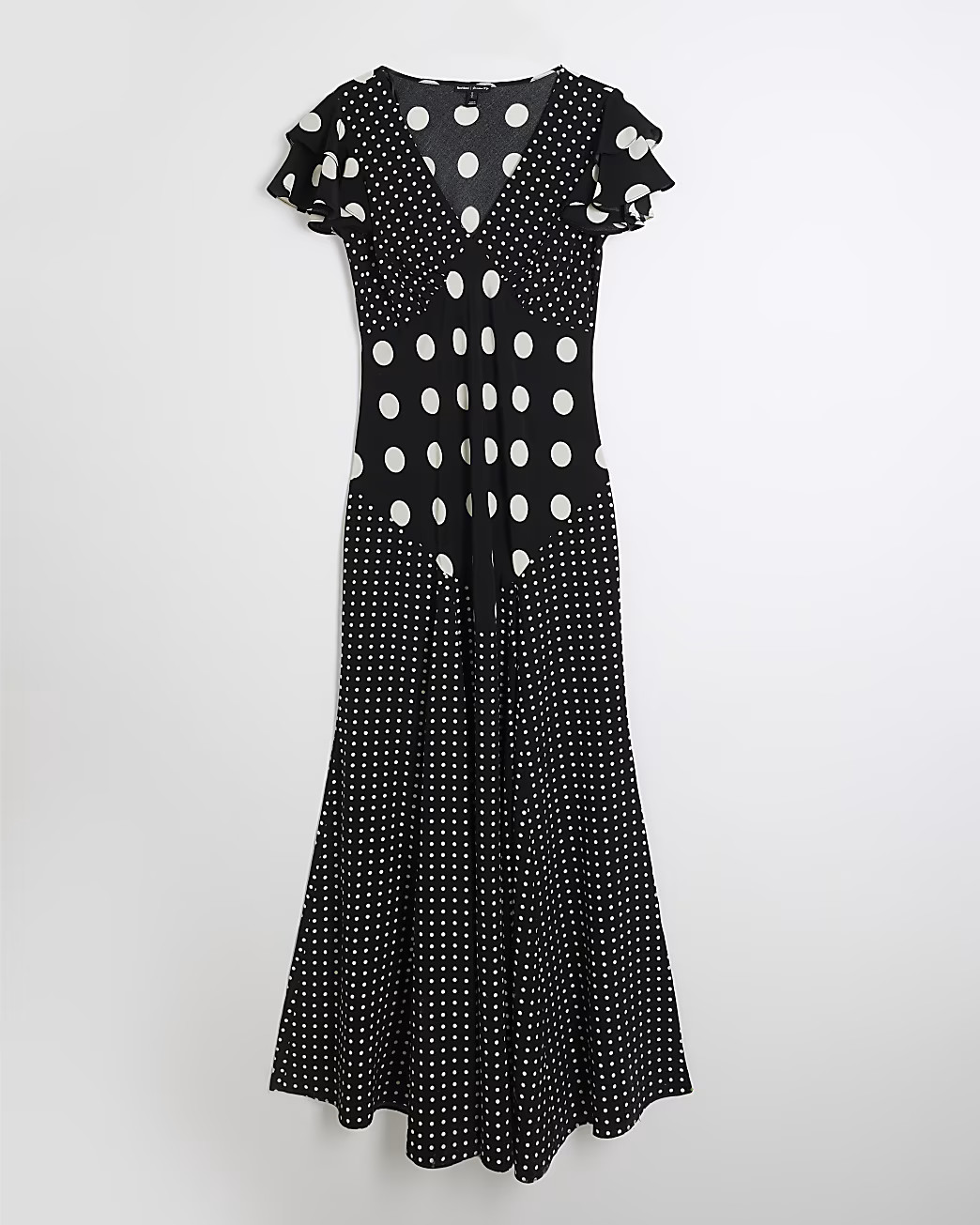 Black Sleeveless Spot Mix Ruffle Maxi Dress | River Island UK & IE
