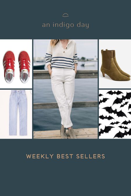 Weekly best sellers according to Indigoers. Red adidas gazelle platform shoes. Abercrombie straight leg jeans. Able clothing twill pants. Jcrew booties. Bat decals for Halloween  

#LTKfindsunder100 #LTKshoecrush #LTKstyletip