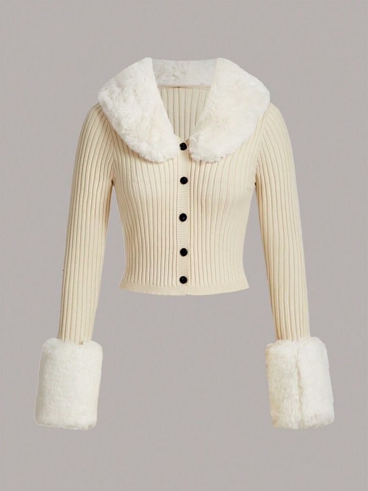 SHEIN Qutie Borg Collar Fuzzy Cuff Ribbed Knit Button Front Cardigan | SHEIN