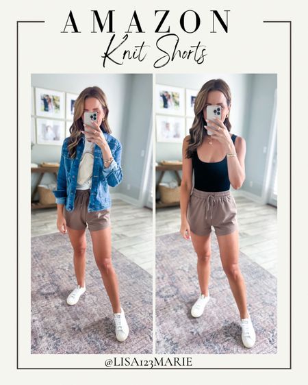 Amazon knit shorts (XS). Casual outfit. Summer outfit. Mom outfit. Amazon whjte t-shirt (XS). Amazon denim jacket (XS, soft/stretchy). Amazon summer shorts. Casual style. Travel outfit. Airport outfit. I LOVE these shorts!! Veja Esplar sneakers. 

#LTKtravel #LTKshoecrush #LTKunder50