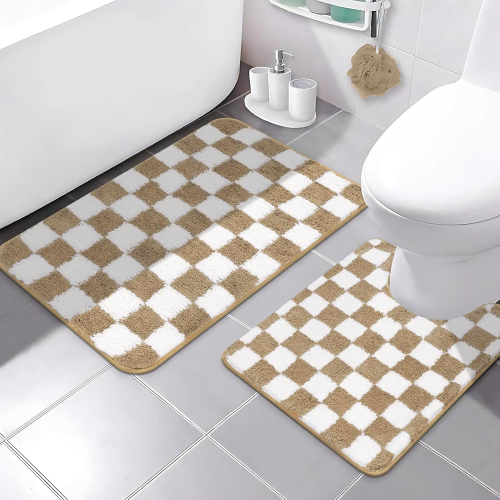 Checkered Bathroom Rug Sets 2 Piece, Khaki Geometric Bathroom Mat Set Non Slip Water Absorbent To... | Amazon (US)