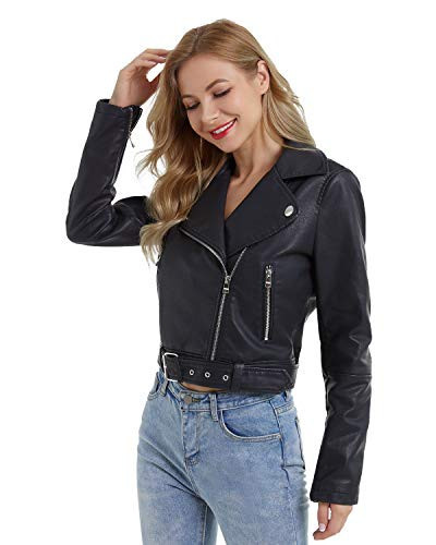 DIASHINY Black Faux Leather Jacket For Women With Belt PU Cropped Moto Biker Coat Motorcycle Crop Short Jacket 036 S | Amazon (US)