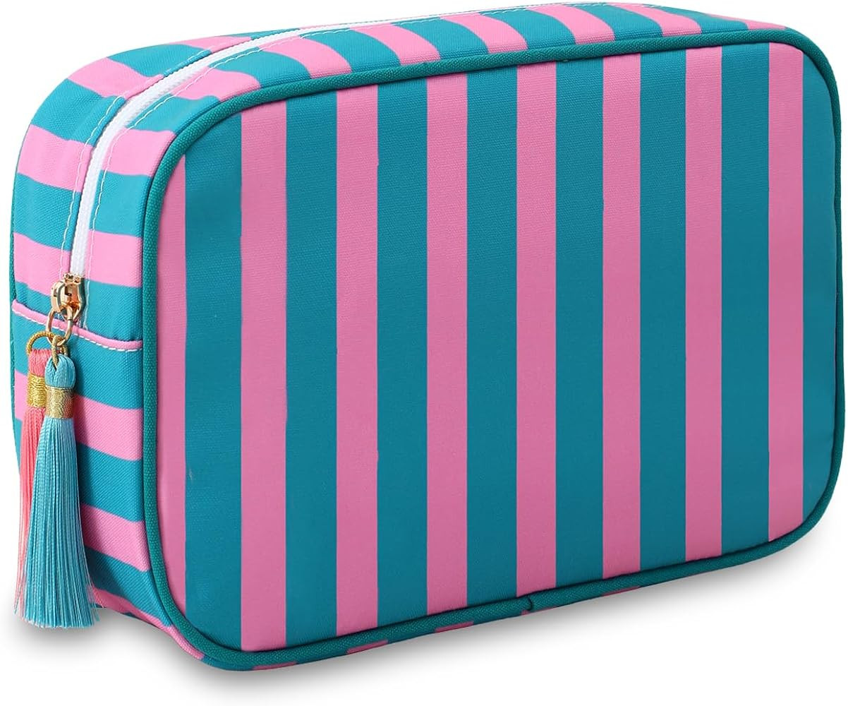 Stripe Makeup Bag Travel Cosmetic Bag Organizer Tassel Toiletry Bag Large Canvas Zipper Pouch and... | Amazon (US)