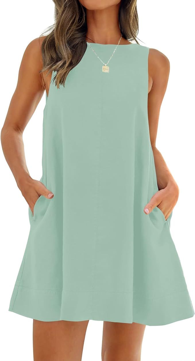 ZESICA Women's 2024 Summer Sleeveless Tunic Mini Dress Casual Crew Neck Backless Sundress Loose F... | Amazon (US)