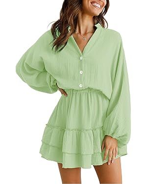 ARTFREE Women's Long Lantern Sleeves Mini Dress V Neck Button Down Ruffle Tiered Swing Fall Casua... | Amazon (US)