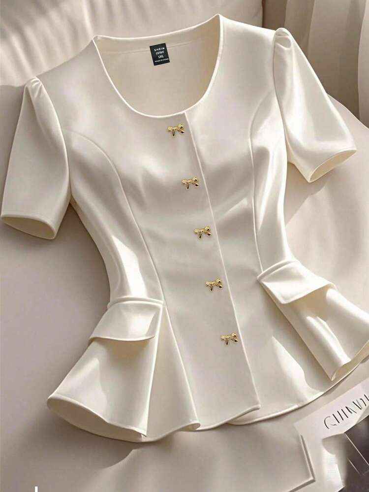 GlowEve CURVE Plus Size Women Elegant Round Neck Waist Cinched Single-Breasted Short Sleeve Shirt, Suitable For Commuting | SHEIN