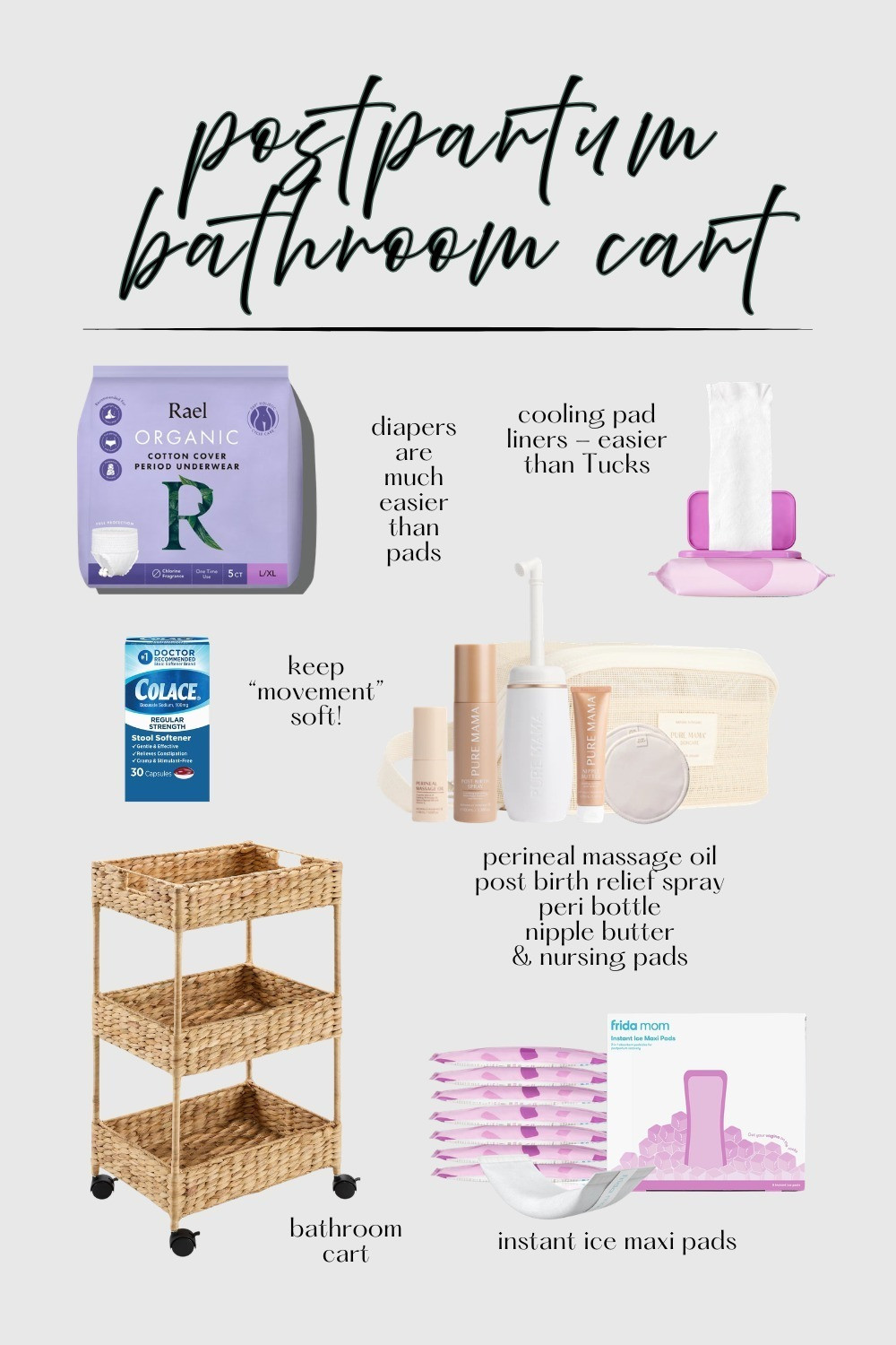 Set up your postpartum bathroom cart before baby comes — you will thank yourself later 🤍 Postpartum diapers, instant ice maxi pads, cooling pad liners, stool softener, peri bottle, Pure Mama recovery essentials, and a cute woven cart to keep it all organized. Everything linked below! #postpartum #postpartumrecovery #ltkbaby #newmom #fourthtrimester #postpartumessentials
 

 #LTKmomlife #LTKBaby #LTKBump