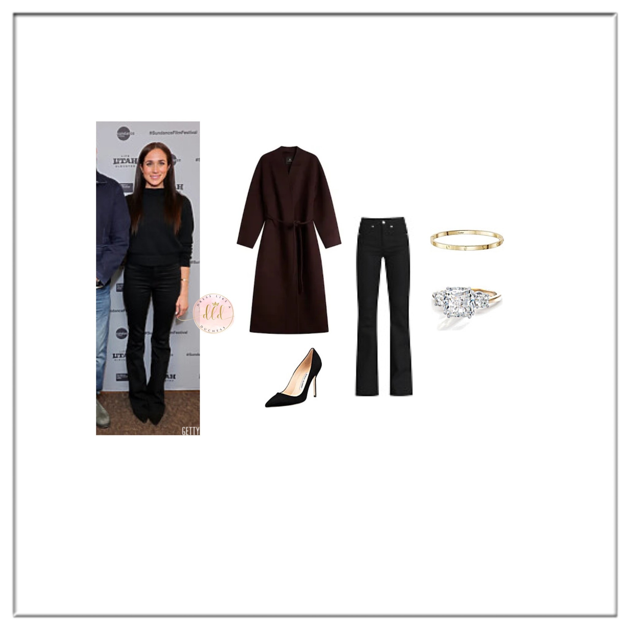 1/24/26 Meghan Markle at the Sundance Film Festival in Anine Bing deep brown coat and Veronica Beard jeans in onyx black 