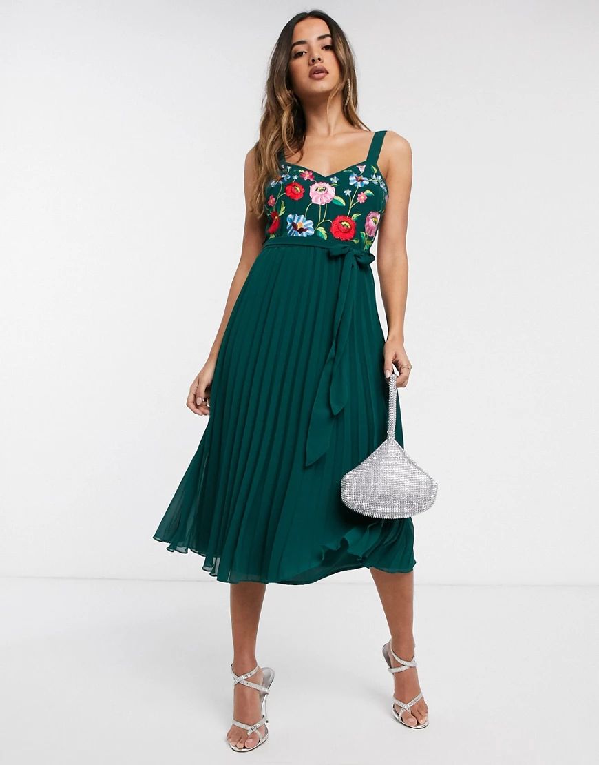 ASOS DESIGN embroidered pleated cami midi dress-Green | ASOS (Global)