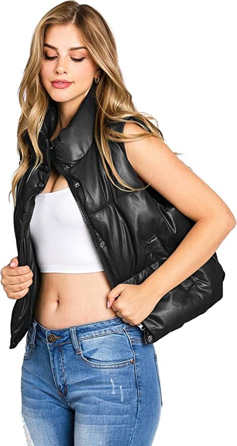 Love Tree Women's Juniors Faux Leather Puffer Vest | Amazon (US)