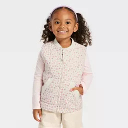 Toddler Girls' Floral Quilted Puffer Vest - Cat & Jack™ Cream 3T | Target
