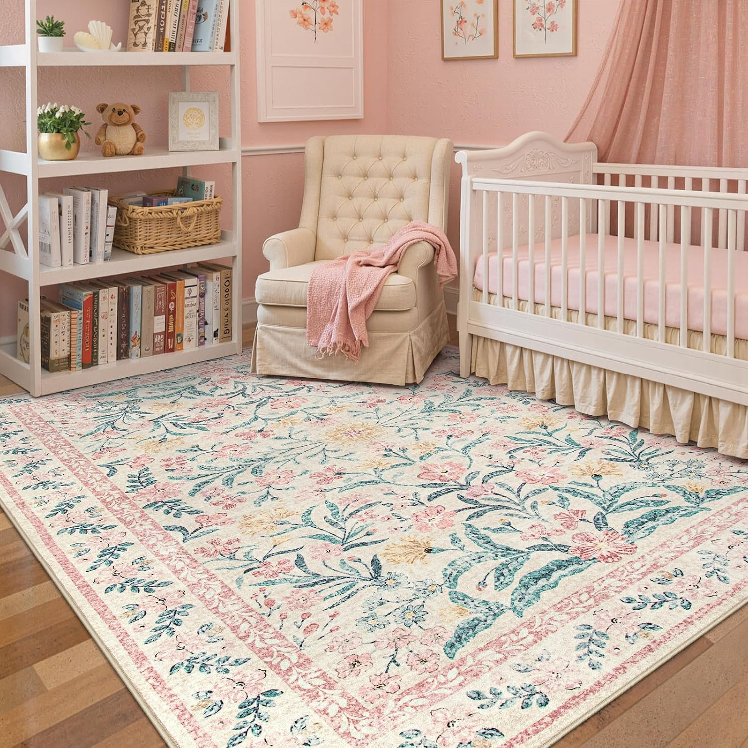 Wonnitar Pink Rugs for Nursery, 5x7 Washable Rug for Bedroom Girls, Boho Soft Floral Carpet Non Slip, Indoor Ultra-Thin Floor Carpet for Baby Kids Room Living Room Dorm Decor | Amazon (US)