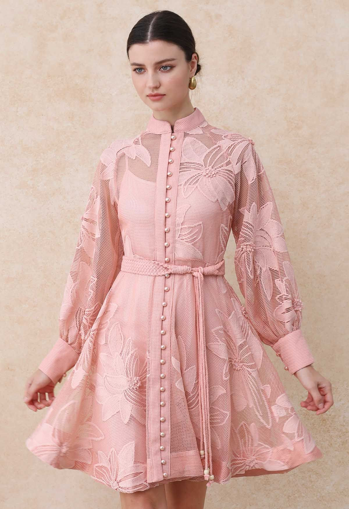 Embroidered Floral Belted Fishnet Midi Dress in Pink | Chicwish