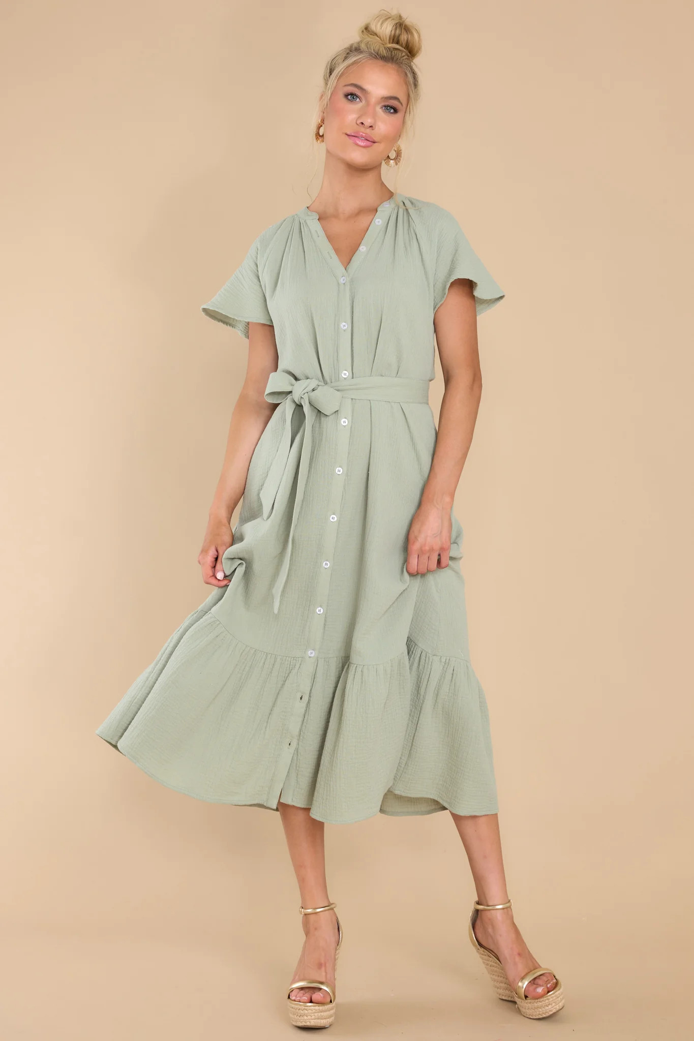 Buttoned Up Beauty Sage Gauze Midi Dress | Red Dress 