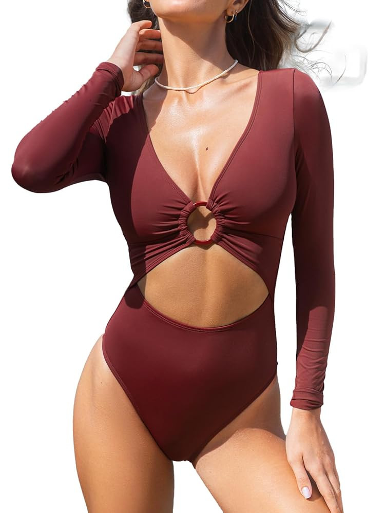 CUPSHE Women's One Piece Swimsuit Rash Guard Long Sleeve Cutout UPF 50+ UV Deep V Neck O-Ring | Amazon (US)