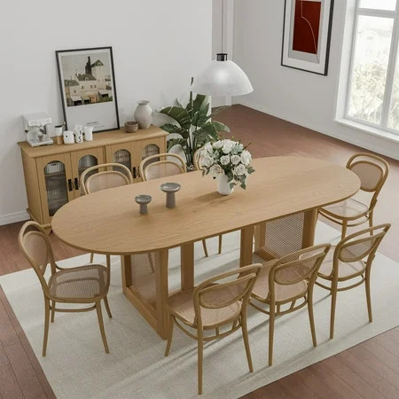 MAYEERTY Wood Oval Dining Table, Mid-Century Modern Dining Table with Rattan Legs, 79"x33.5"x30", Wood Color | Walmart (US)