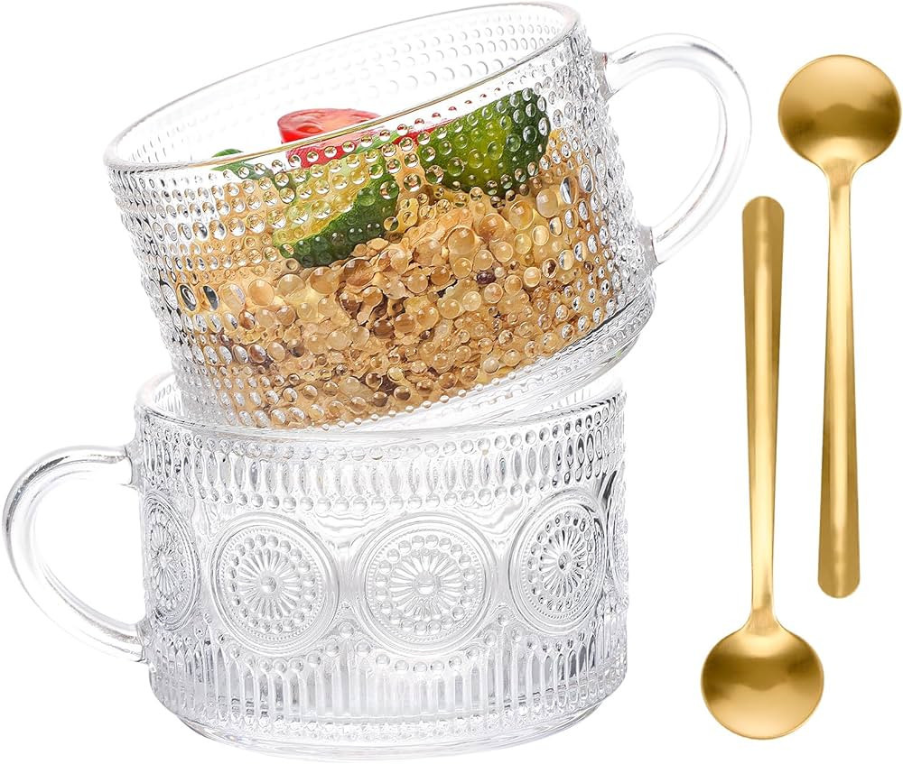 Moretoes 2 Pack Vintage Coffee Mugs, Oats Containers with Spoons, 14oz Clear Embossed Glass Tea C... | Amazon (US)