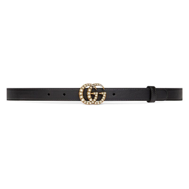 Leather belt with pearl Double G buckle black | Gucci (US)