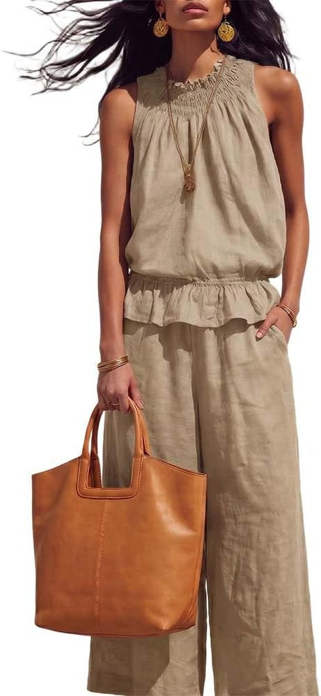 Linen Sets for Women 2 Piece Summer Outfits, Sleeveless Two Piece Sets for Women Summer Wide Leg ... | Amazon (US)