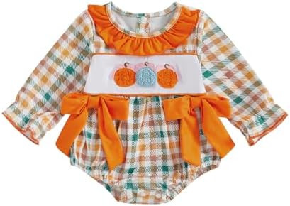 Newborn Infant Baby Girl Halloween Outfits Embroidered Pumpkin Onesie Long Sleeve Smocked Bubble ... | Amazon (US)