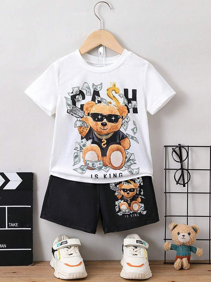 SHEIN Kids QTFun Young Boy Black & White Cartoon Letter Printed Streetwear Cool Regular Sleeve Ro... | SHEIN