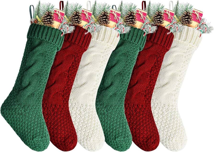 Kunyida 18" Unique Burgundy and Ivory and Green Knitted Christmas Stockings,6 Pack | Amazon (US)