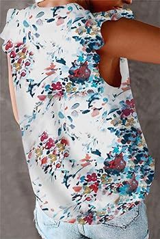 Xineppu Womens Floral Print Tank Top Summer V Neck Frill Cap Sleeve Flowy Shirts | Amazon (US)